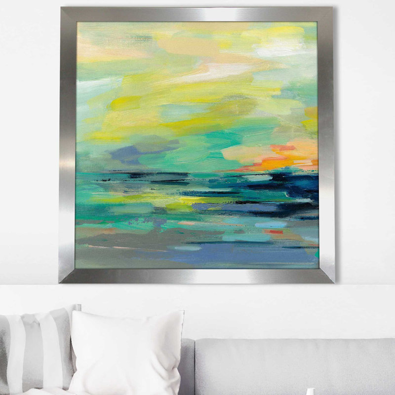 Pacific Beach I - peinture, Encadrement argenté, H 31,5 po x l 31,5 po x P 1 po