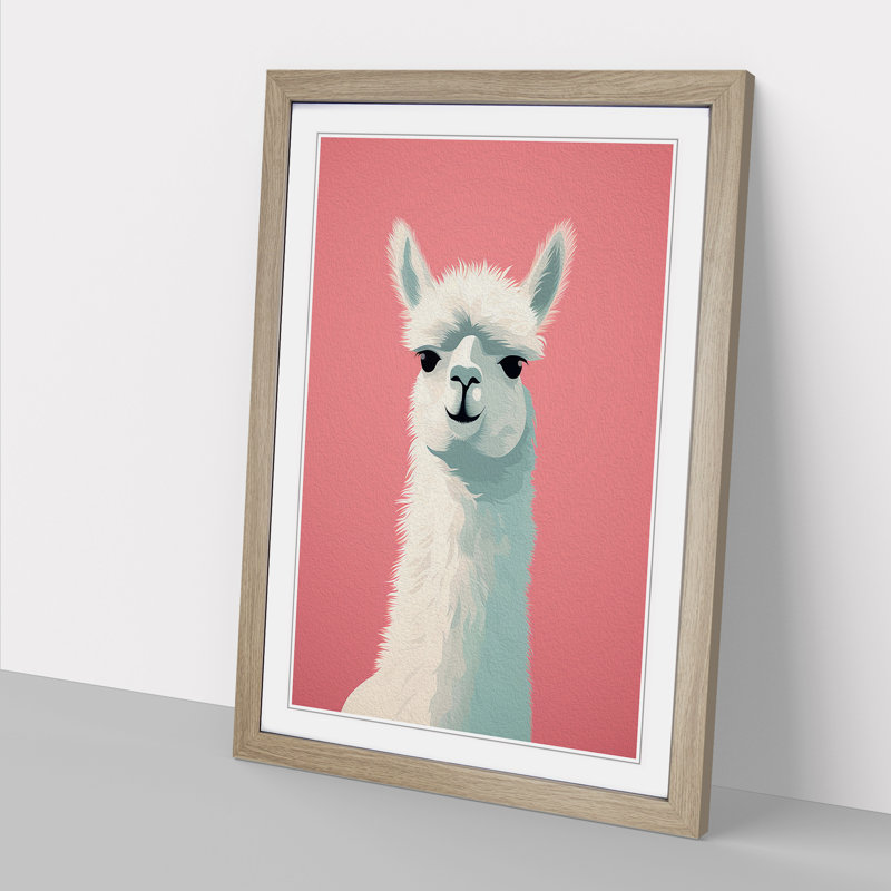 Llama Minimalism - Single Picture Frame Print on Wood, 64cm H x 46cm W x 2cm D, Oak Framed