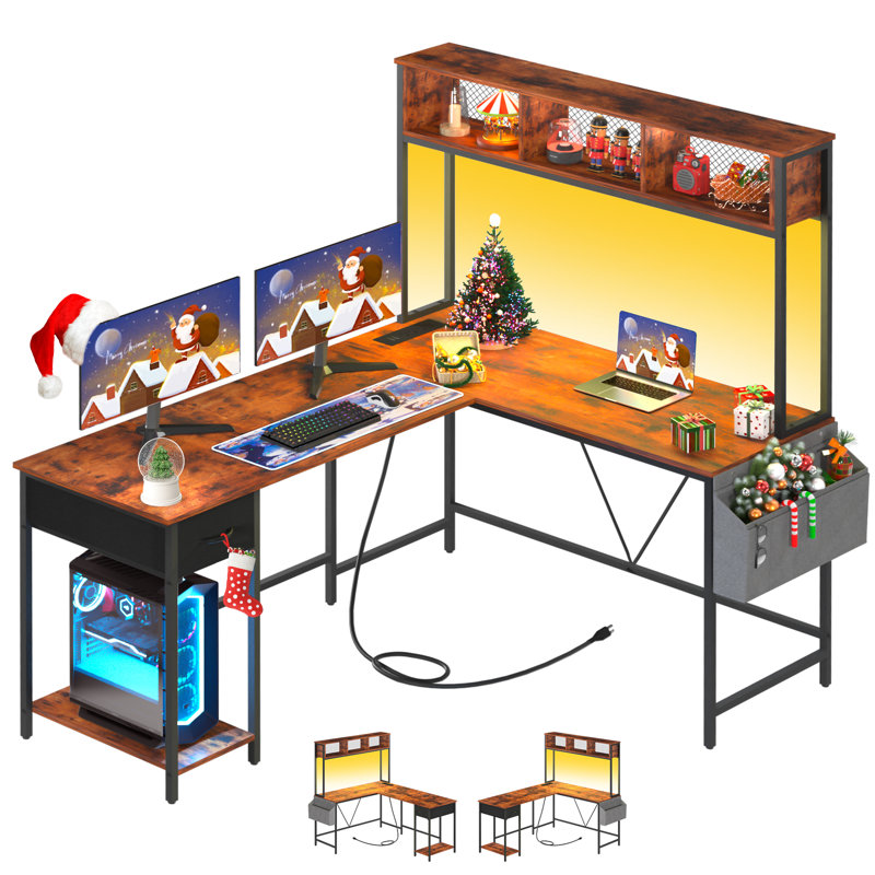 55 Inch L Shaped Desk With Power Outlet And Led Lights,Corner Gaming Desk With Storage Shelf,Computer Desk L Shape For Home Office