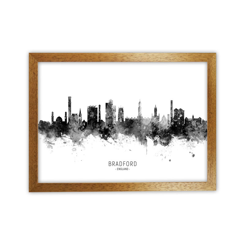 Bradford England Skyline Black White City Name by Michael Tompsett - Print, 64cm H x 88cm W x 3cm D, Brown Framed