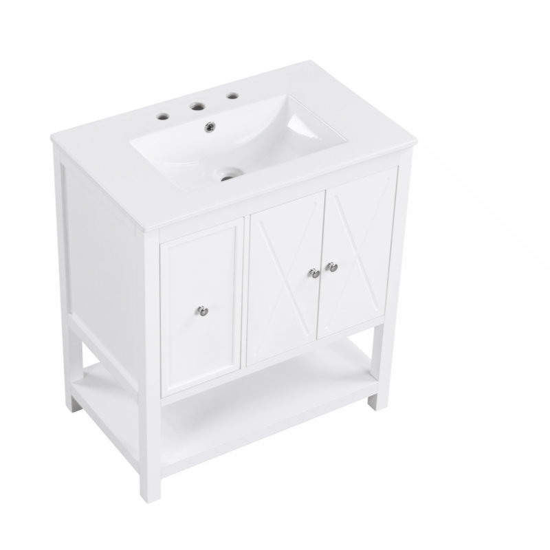 White Ceramic Top Single Sink Freestanding Bathroom Vanity