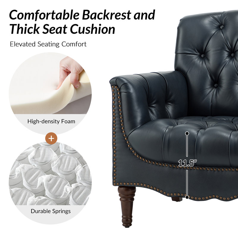 Fauteuil en cuir capitonné Annja, Cuir véritable bleu marine