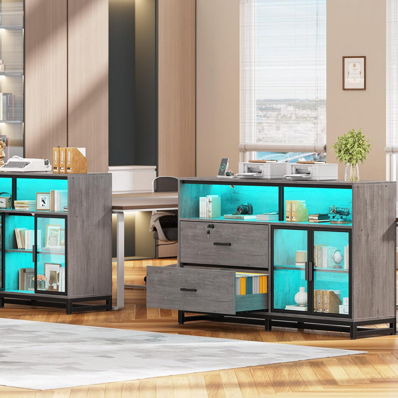 Mandip 59" File Cabinet, 2 Drawers Filing Cabinets Printer Stand With Storage & Led Lights, Gray/Black