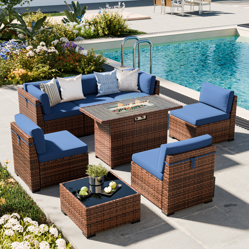 Treyshun Wicker Reversible Patio Seating Group with Cushions, Navy, Yes