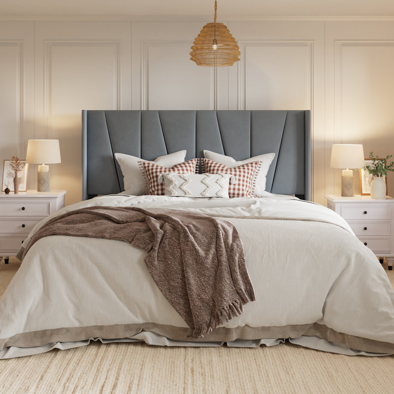 Canuto Upholstered Platform Bed with Wingback Headboard, King, Dusty Gray