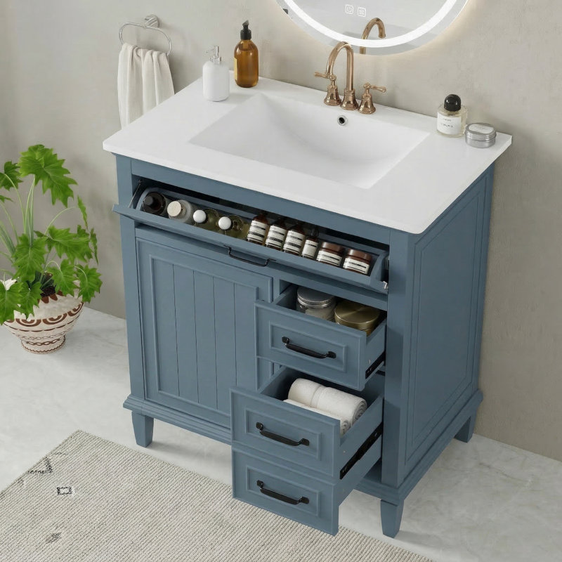 Meuble-lavabo simple autoportant de 30 po avec tiroir basculant et armoire de rangement réglable, Bleu cendré