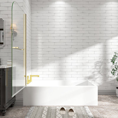 Porte de douche 180 en or brossé pivotant, 31 à 32 po de largeur, 55 po de hauteur, 1/4 po de verre trempé de 6 mm avec nettoyage nano facile, réversible pour les baignoires standard