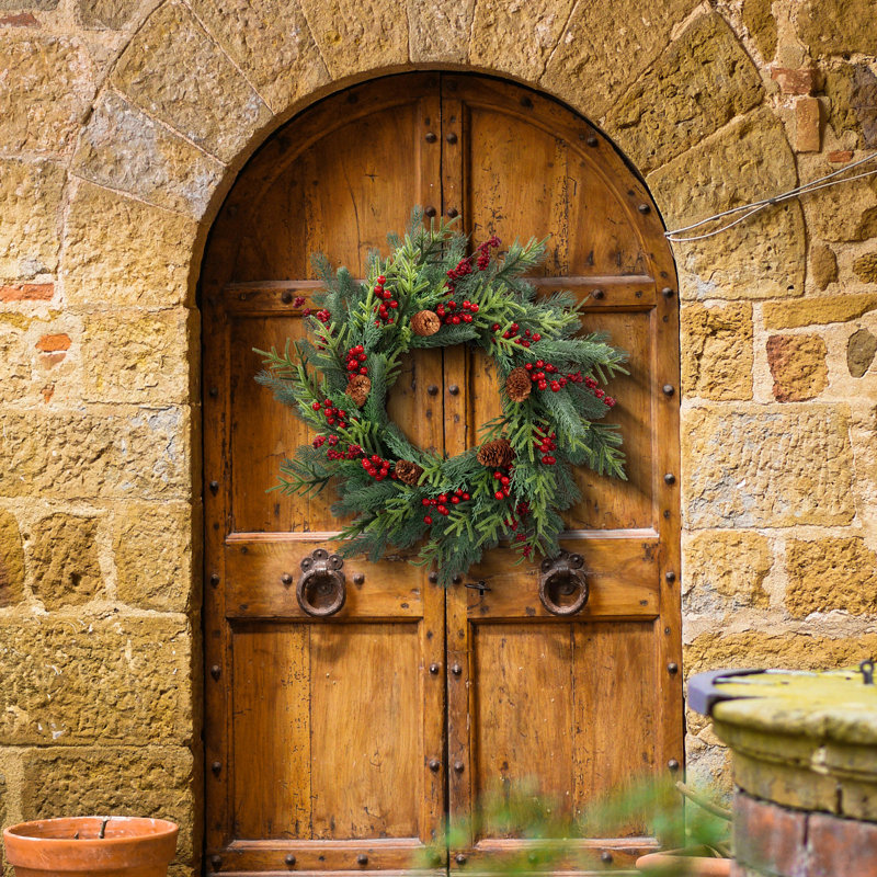 Artificial Pine Wreath With Red Berries & Pinecones