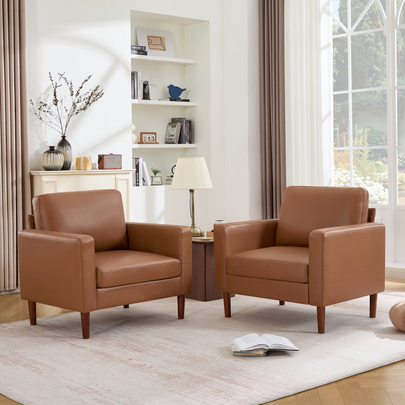 37 " Faux Leather Accent Chair Spacious Upholstered Armchair Set Of 2, Coffee Faux Leather