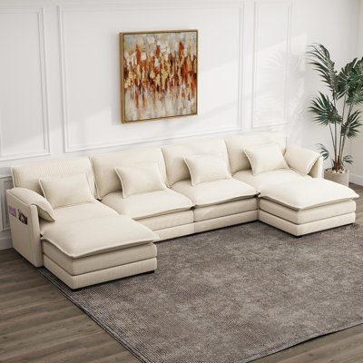 145in Beige Corduroy U Modular Sofa | Dual Cushion, Reconfigurable, Zipper Pillows, Side Storage