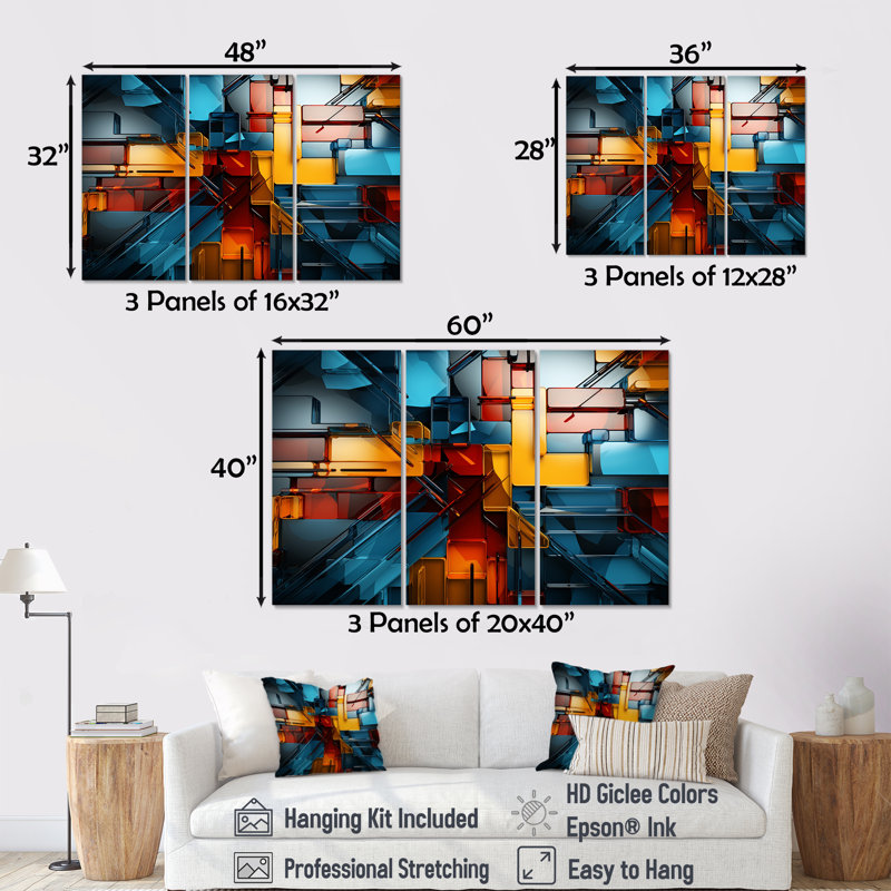 «Cubism Vivid Collage I» - ensemble d'art mural cubisme, H 28 po x l 36 po x P 1 po, Toile tendue