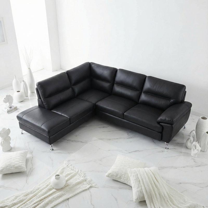  Contemporary Boston Genuine Leather Sectional Sofa with Left Chaise Lounge, Black 80"x98"