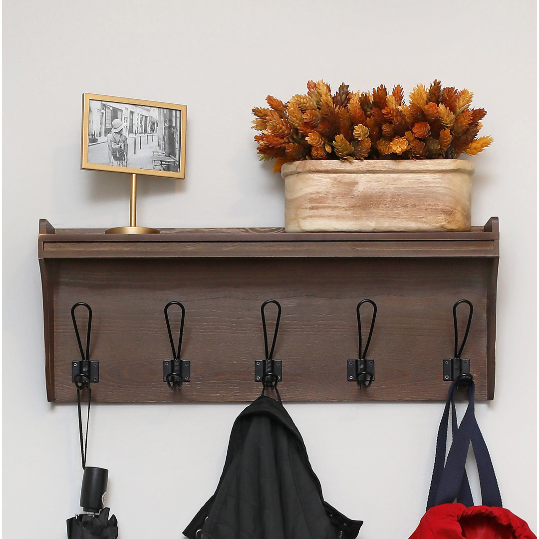 Solid Wood 5 - Hook Wall Mounted Coat Rack with Storage Seremeo