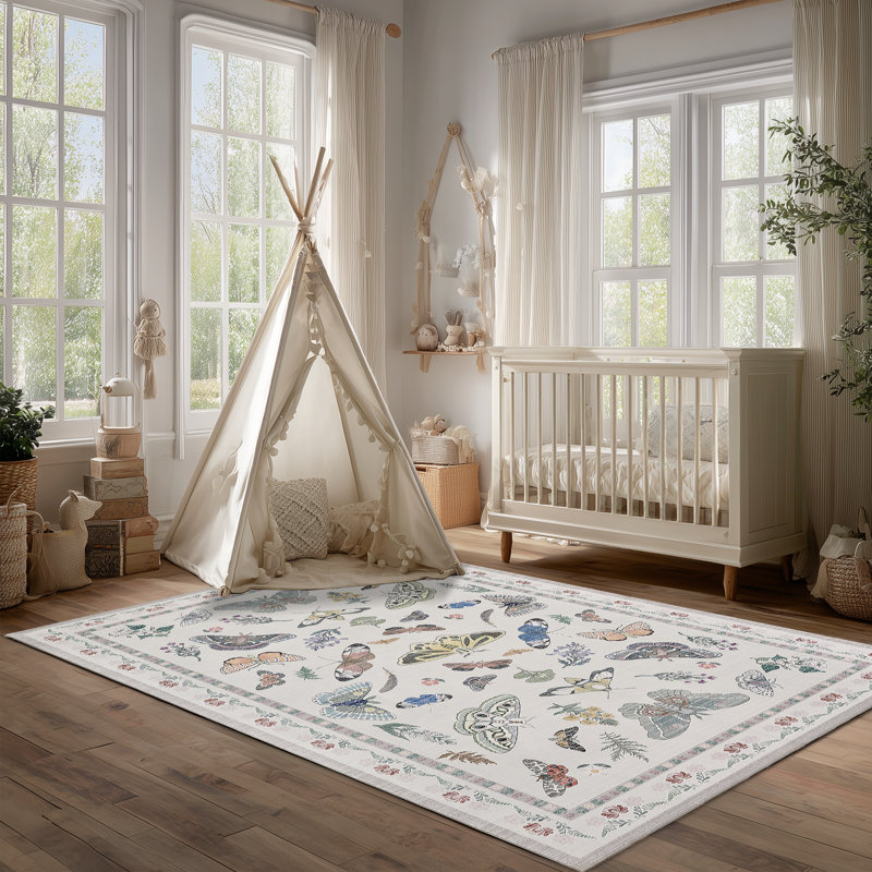 White Butterfly Washable Rug Indoor Carpet, Rectangle 8' x 10', White