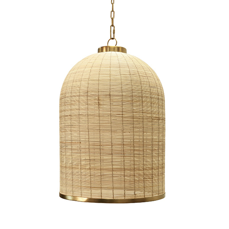 Luminaire suspendu en rotin naturel en forme de cloche avec garniture en laiton satiné