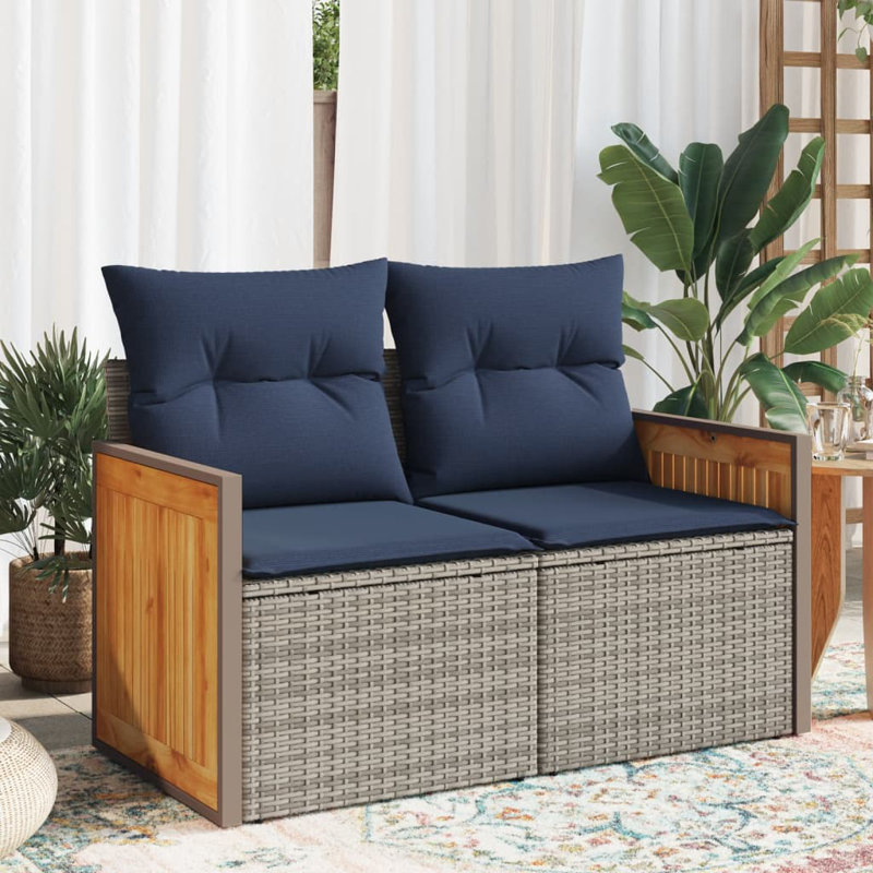 Ebern Designs Patio Sofa With Cushions 2-Seater Black Poly Rattan, Navy Blue Cushion/ Gray Frame