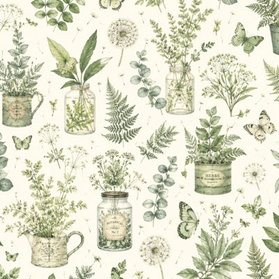Papier peint adhésif repositionnable, motif aquarelle botanique verte, verdure, herbes, papillons, crème. Papier contact amovible et autocollant pour décoration murale de chambre, cuisine, placards, 45 cm x 300 cm.