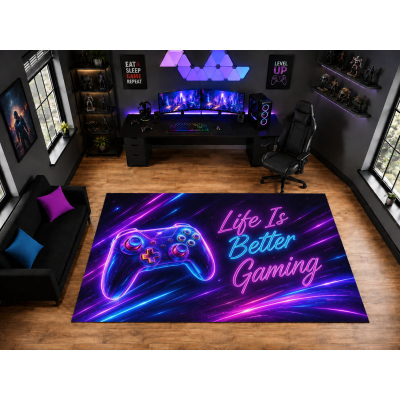 Tapis de jeu Life Is Better « ultra-léger » de 200 cm x 300 cm, idéal pour décorer une salle de jeux. Tapis d'intérieur doux à poils courts avec envers antidérapant en silicone, noir, rose et bleu.