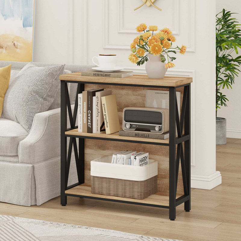 Guinna Industrial 3-Tier Low Bookcase, Wood And Metal Bookshelf For Small Spaces, Living Room, Bedroom, Office, Rustic Oak