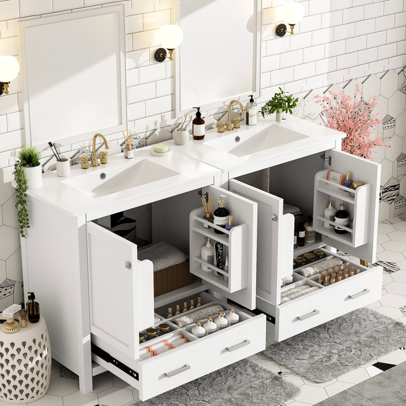 Meuble-lavabo élégant de 60 po, lavabos doubles en céramique et armoire de rangement chic, lavabos, un attrait tendance
