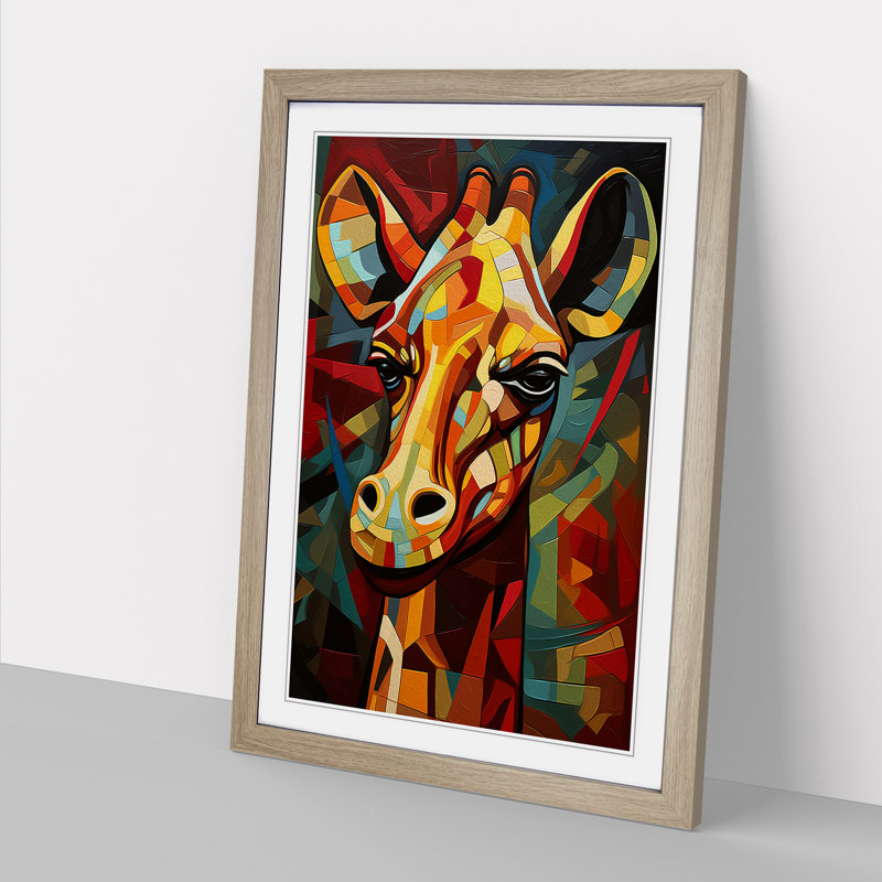 Giraffe Cubism - Single Picture Frame Print on Wood, Oak Framed, 64cm H x 46cm W