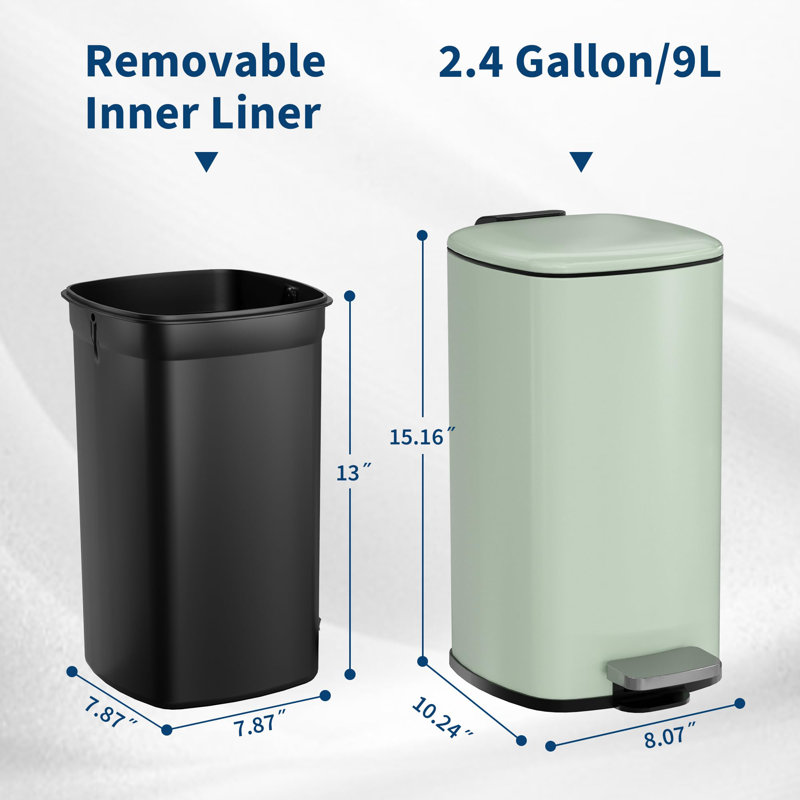 Poubelle de cuisine Slim Step, 2,4 gallons / 9L en acier inoxydable - Couvercle à fermeture en douceur - Seau intérieur amovible - à pédale - pour salle de bain / bureau, vert