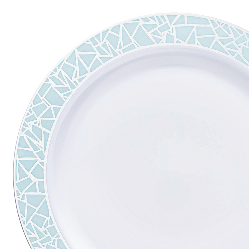 Assiettes à dîner rondes en plastique blanc avec bordure turquoise en mosaïque (10,25 po)