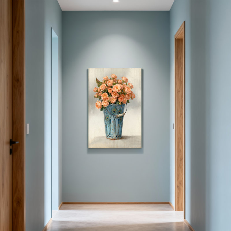 Plantes et fleurs, motif de paon, seau bleu, pêche, roses, H 12 po x l 18 po
