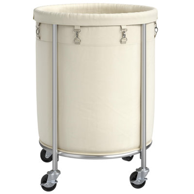 Panier à linge sur roulettes, panier à linge sur roulettes 170 L avec sac amovible et structure en acier, chariot à linge rond