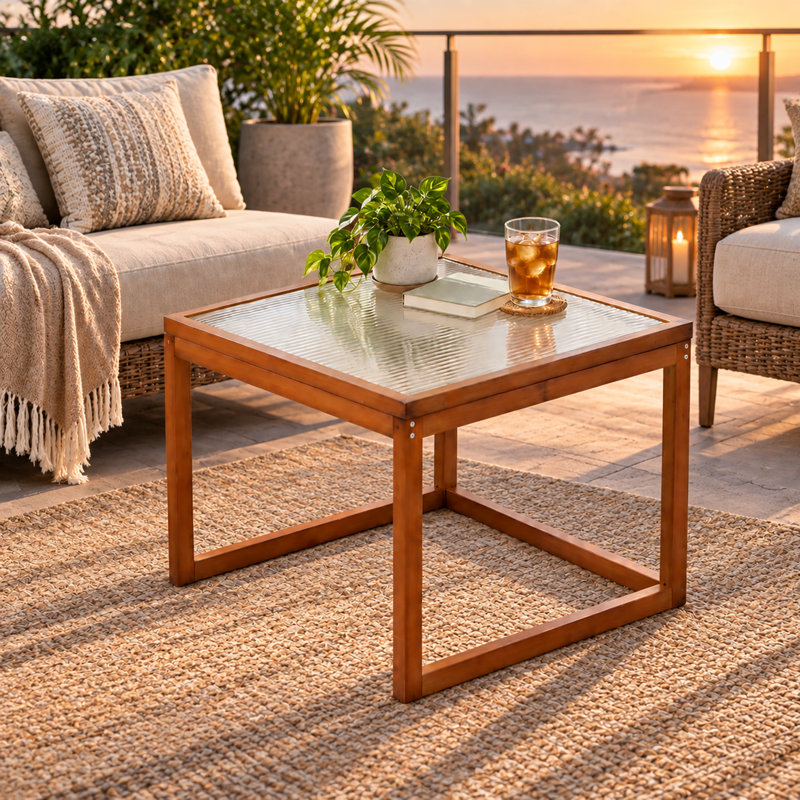 Small Square Bamboo And Fluted Glass Coffee Table