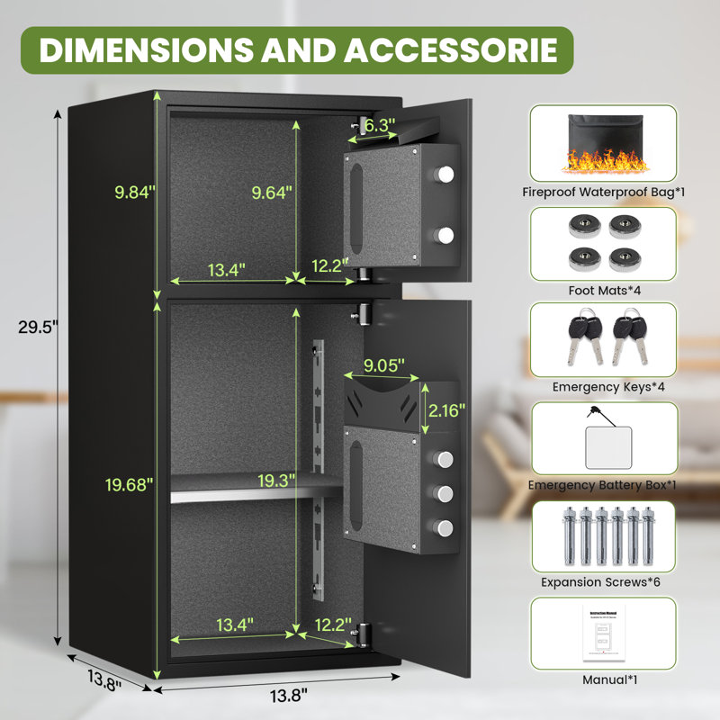 Coffre-fort biométrique de 6,5 pieds cubes avec fente de dépôt et système d'alarme double, double verrou d'empreintes digitales et de clavier numérique, 2 compartiments indépendants pour les objets de valeur, l'argent, les documents et les appareils électroniques