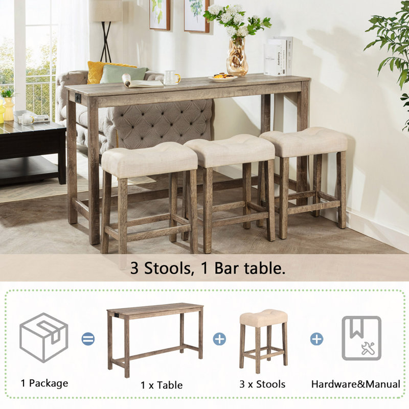Ensemble de table de bar 4 pièces avec prise de courant, ensemble de table de bar et de chaises, ensemble de table de bar avec 3 tabourets rembourrés pour le salon, la salle à manger et la salle de jeux
