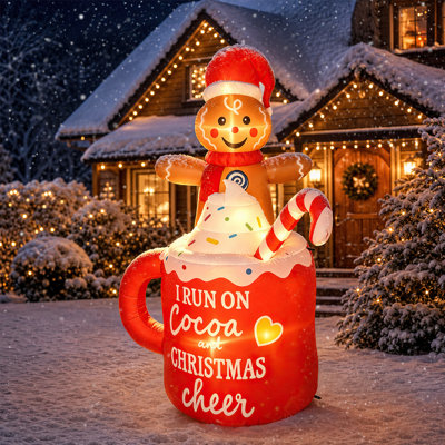 Décoration gonflable de Noël en pain d'épice de 1,80 m, bonhomme en pain d'épices dans une tasse de chocolat chaud, décor de jardin gonflable, lumières DEL intégrées pour pelouse et jardin, fête de Noël à l'extérieur