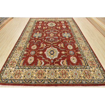 Tapis rouge en laine noué à la main de conception unique 8 pi 10 po x 12 pi 3 po