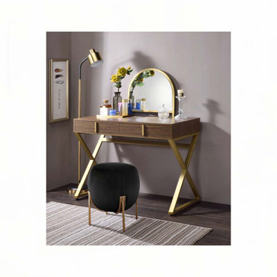 Coleen Walnut & Gold Finish Vanity Desk W/Mirror & Jewelry Tray