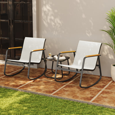 3 Piece Outdoor Patio Set with PVC-coated polyester Rocking Chairs and Solid Wood Armrests