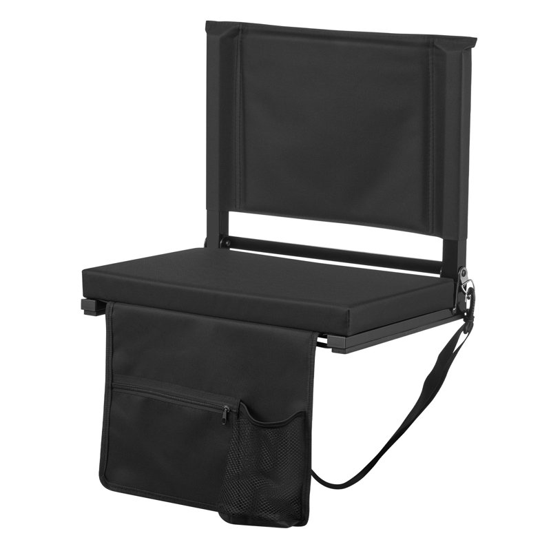 Siège de stade, siège de gradin pliant avec dossier et coussin épais, sièges de stade rembourrés pour gradin, sangle d'épaule, crochets, porte-gobelet et poche latérale, fauteuil de gradin noir