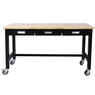 60In Work Bench, Workbench With Drawer Storage, Heavy Duty Bamboo Wood Work Table With Wheels For Garage Home Office