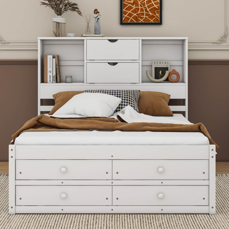 Platform Bed with Storage Headboard And 8 Drawers, Queen, White