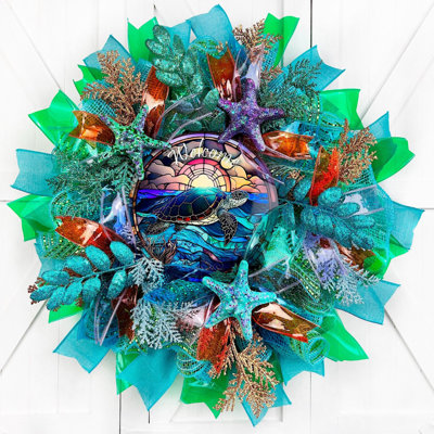 Welcome Sea Turtle Faux Stained Glass Wreath