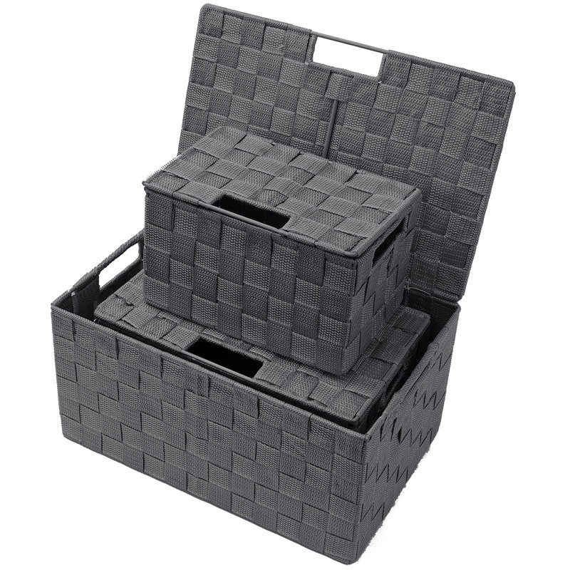 Sorbus Stackable Woven Basket with Lid and Handles 3 Pack, Gray