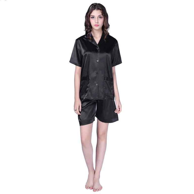 Ensemble de pyjama en satin à droite pour femme Mesdames été, M, Noir