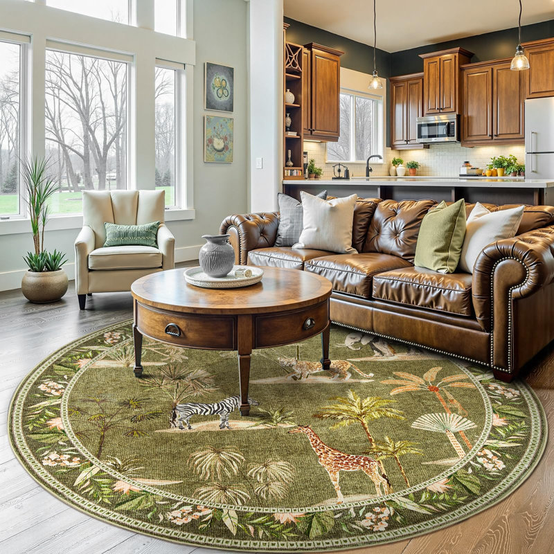 Animals Print Washable Ultra-Thin Non-Slip Area Rug, Round 8', Jungle Green