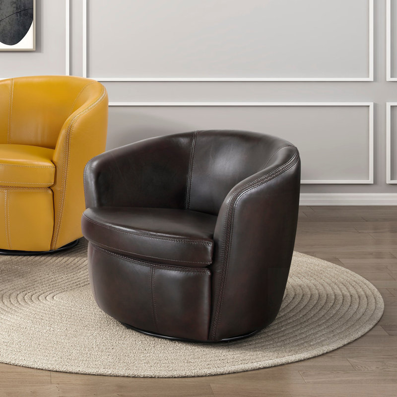 Chaise de salon de luxe avec fauteuil pivotant en cuir fleur, structure en bois massif et dossier en tonneau confortable