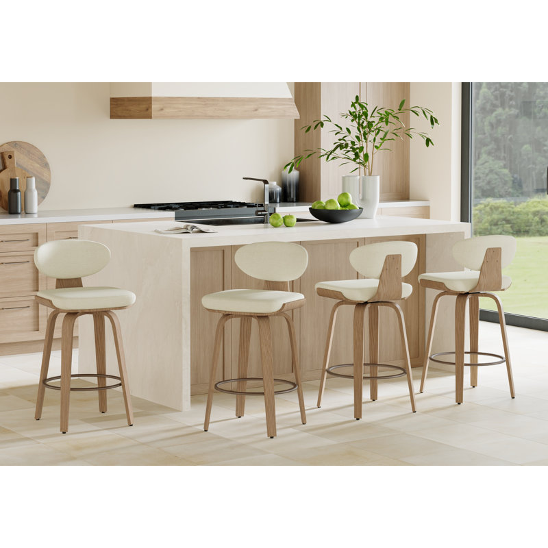26'' Upholstered Swivel Counter Stool With Back And Bentwood Legs, Natural Wood