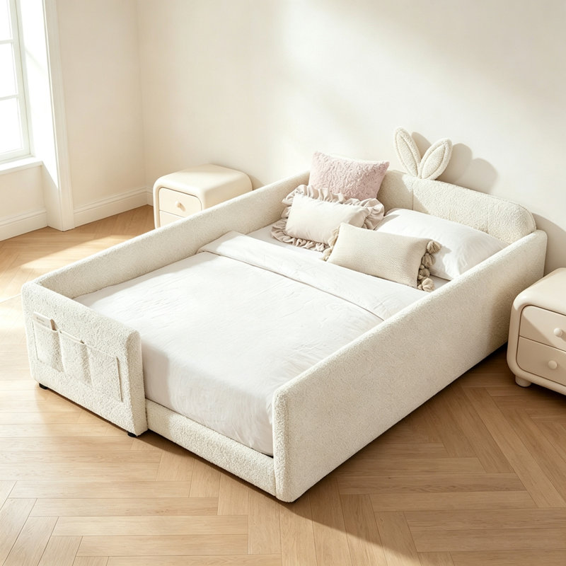 Full Size Cute Rabbit Ear Boucle Platform Bed with Safety Rail & Side Pocket, Beige, Full