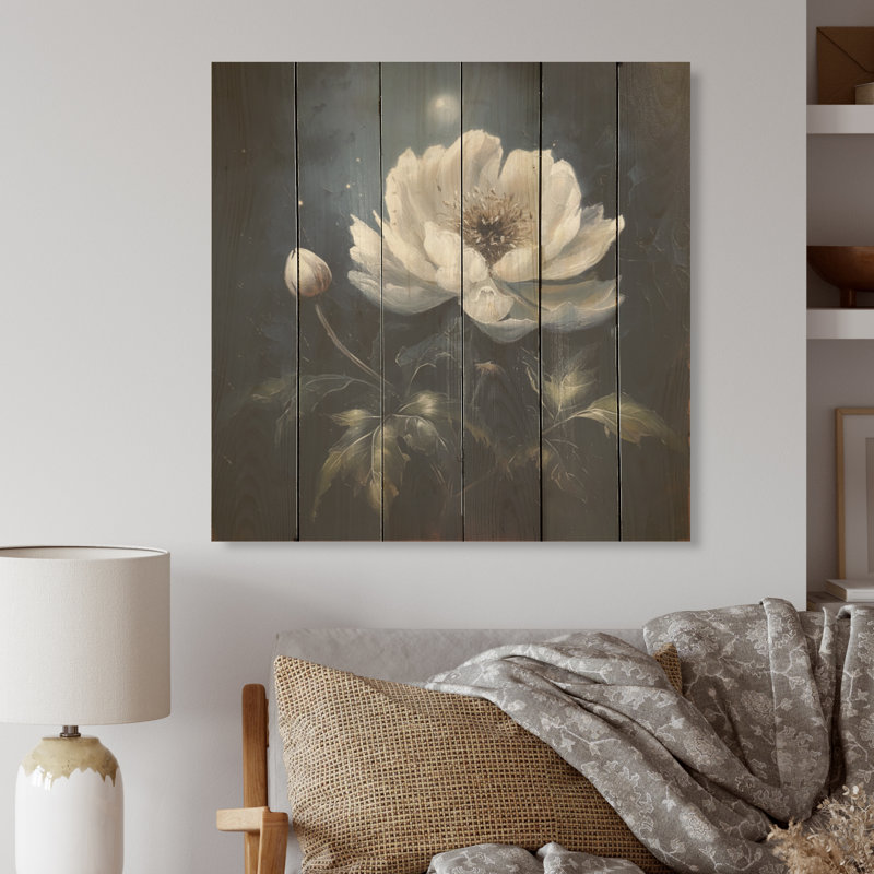 Lune argentée foncée, fleur blanche - coquelicots, art sur bois de pin naturel, H 15 po x l 15 po