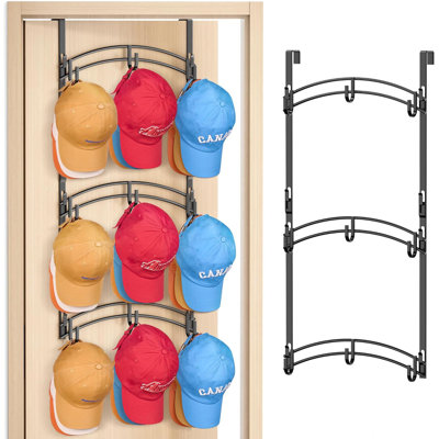 Space Saving Over the Door Hat Rack for Baseball Caps Holds up to 27 Caps Metal Hat Organizer with 9 Hooks (Black)