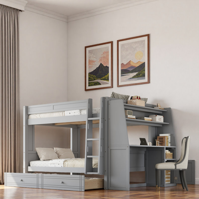 Lit superposé multifonctionnel avec bureau, étagères et tiroirs, Gris