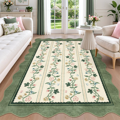 Tapis doux à motifs floraux festonnés – Lavable à la machine, antidérapant, style vintage